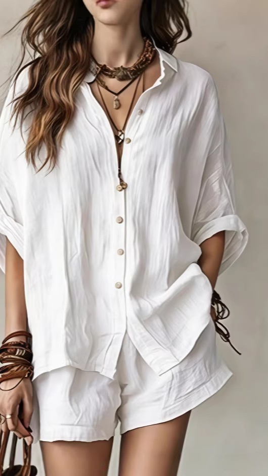 Women's Casual Solid-Color Shirt Two-Piece Set