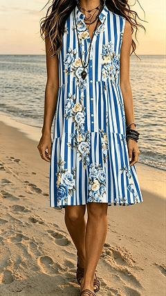 Bohemian-Style Printed Sleeveless Maxi Dress with Shirt Collar