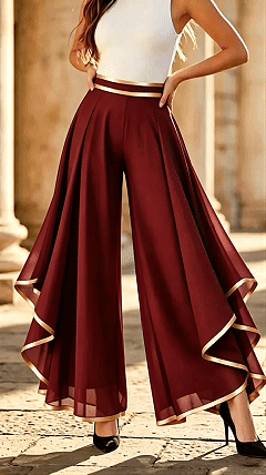 Women's Fashion Spliced ​​& Piped Layered Chiffon High-Waisted Casual Wide-Leg Pants