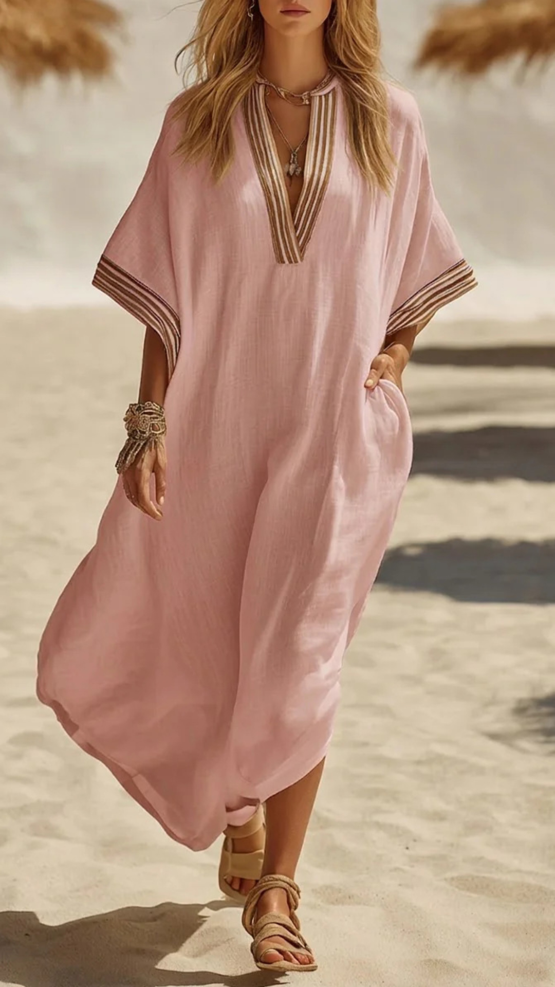 Women's Striped Trim Cotton-Blend Kaftan Dress