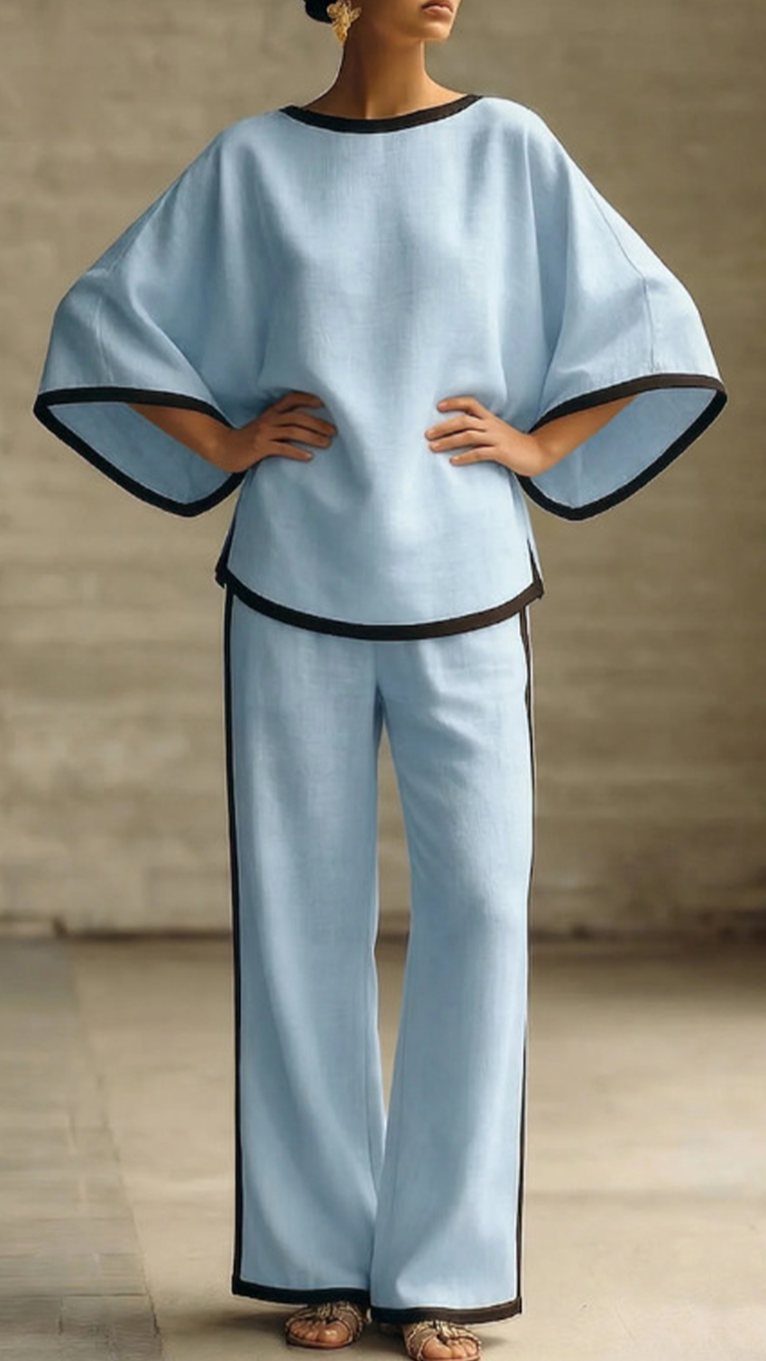 Women's Cotton-Blend Off-White Trimmed Loose Top & Wide-Leg Pants Set