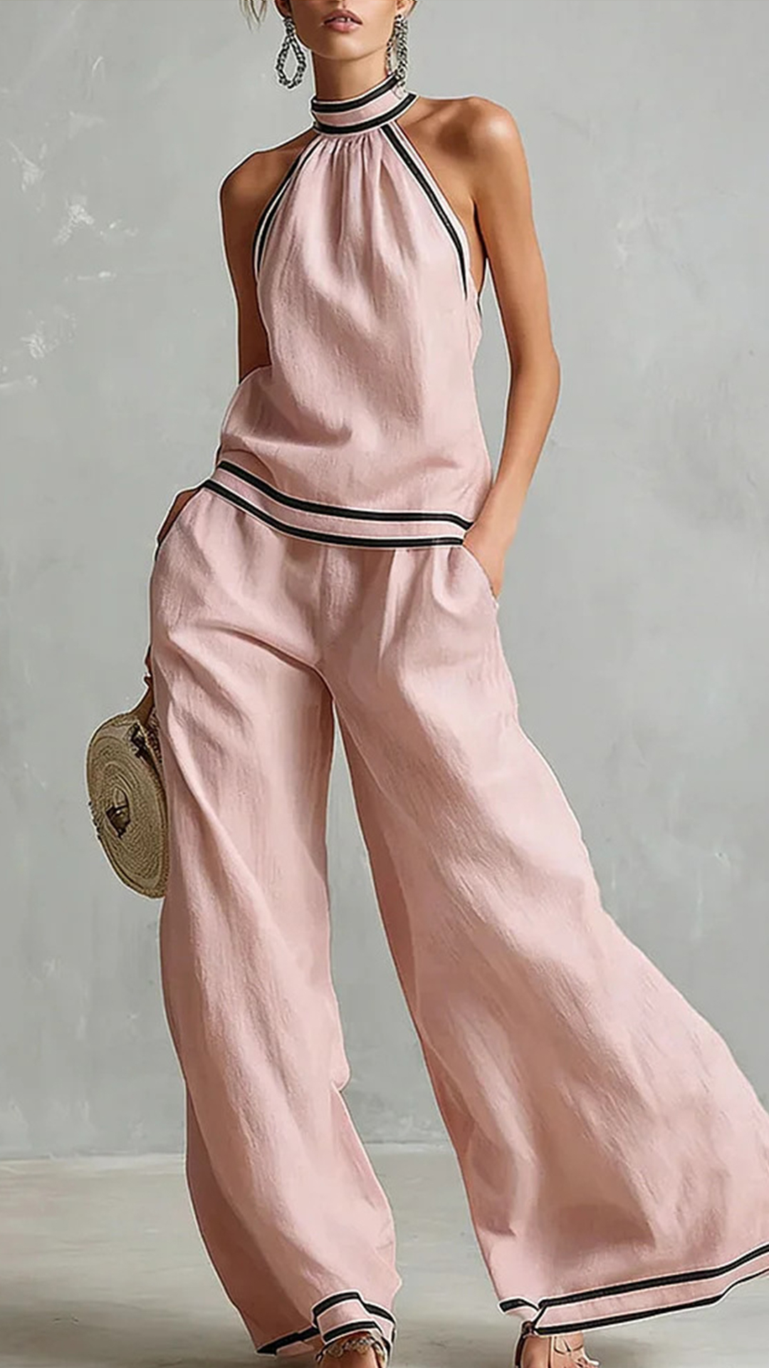 Women's Cotton-Blend Light Blue Halter Contrast Trim Wide-Leg Pants Set