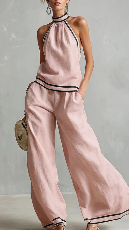 Women's Cotton-Blend Light Blue Halter Contrast Trim Wide-Leg Pants Set