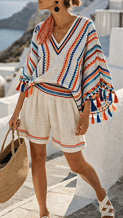 Women's Cotton‑blend Off‑ Striped V‑Neck Batwing Sleeve Waist‑cinched Shorts Set