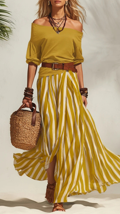 Women's Cotton‑blend Off‑the‑shoulder Mid‑sleeve Top & Blue‑white Striped Slit Maxi Skirt Set