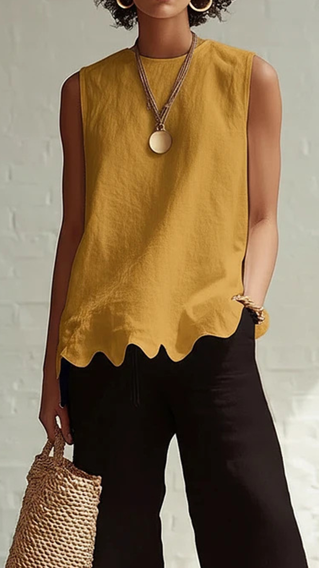 Women's Cotton‑blend Crew‑neck Sleeveless Scalloped‑hem Waist‑cinched Top
