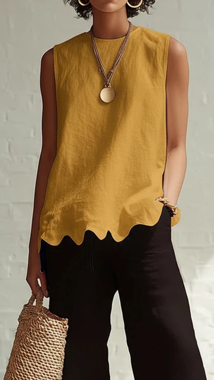 Women's Cotton‑blend Crew‑neck Sleeveless Scalloped‑hem Waist‑cinched Top