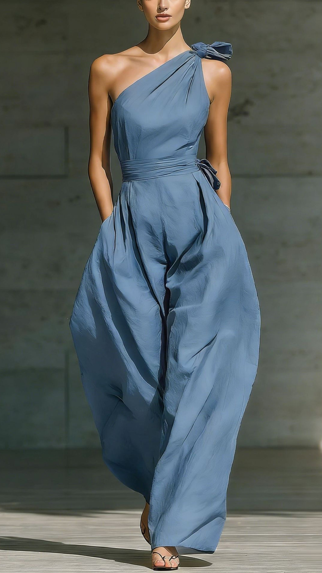 Women's Cotton‑blend  One‑shoulder Bow‑decorated Tie‑waist Wide‑leg Jumpsuit