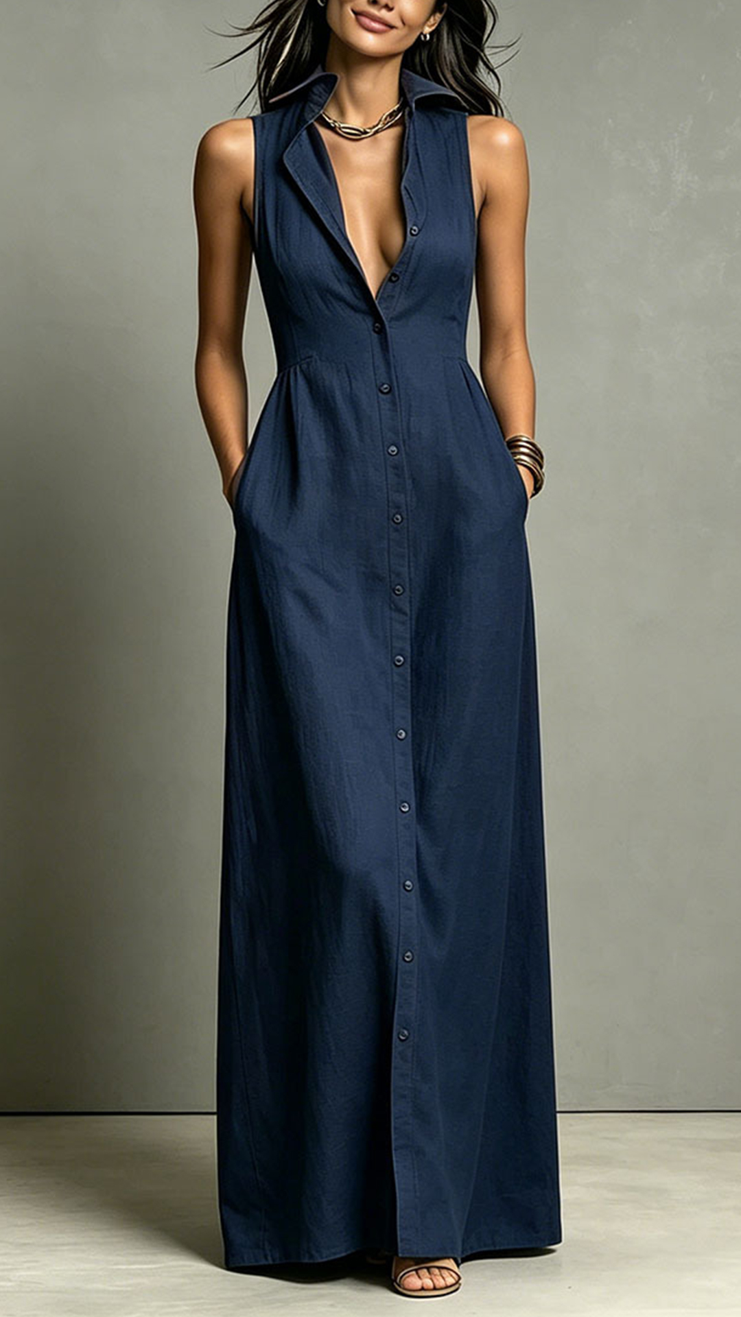 Women's Cotton‑blend Collared Sleeveless Single‑breasted Waist‑cinched Maxi Dress