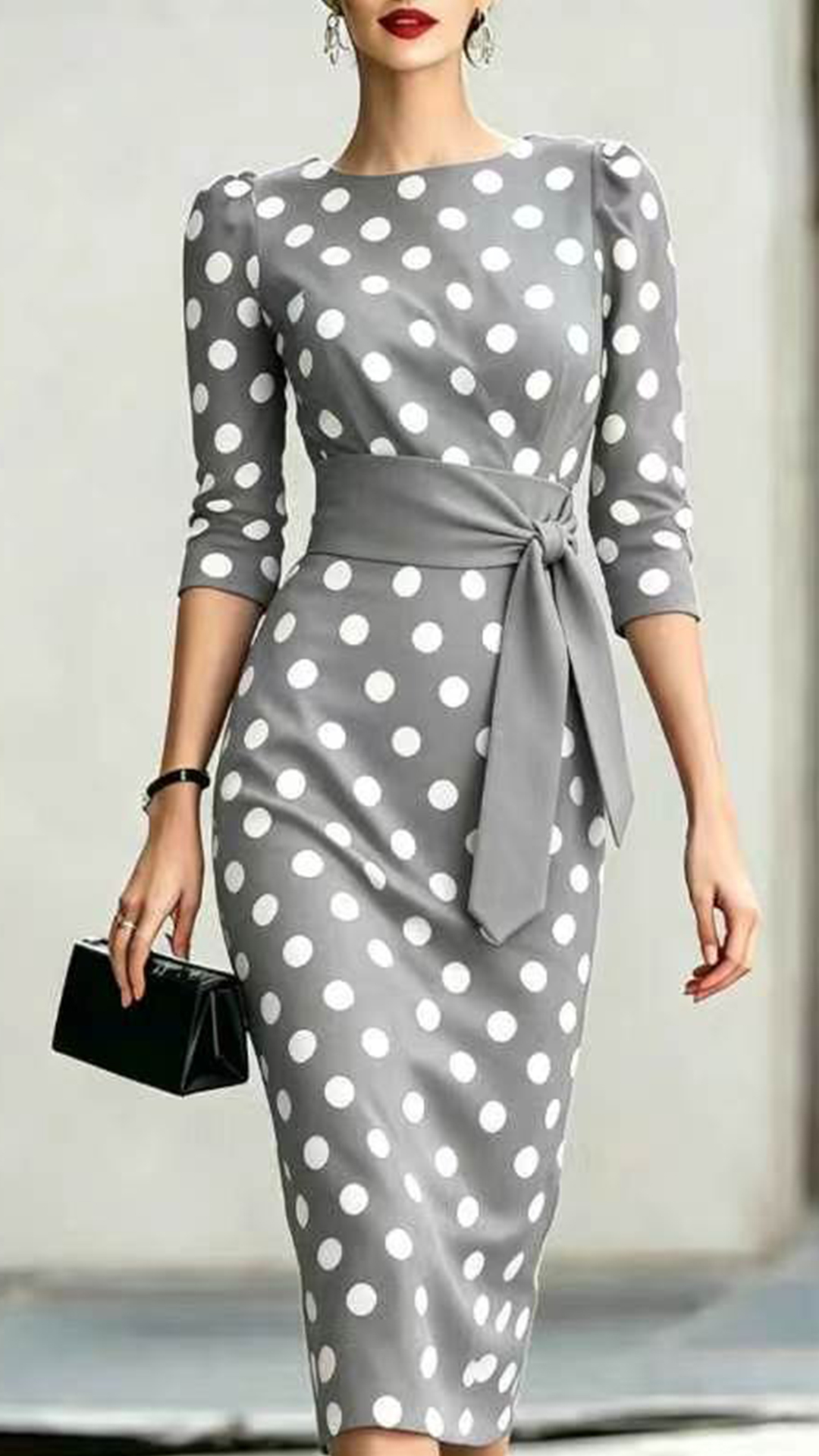 Women's Cotton‑blend Black‑white Polka‑dot Boat‑neck Mid‑sleeve Tie‑waist Bodycon Midi Dress