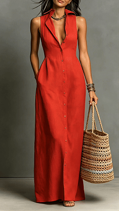 Women's Cotton‑blend Collared Sleeveless Single‑breasted Waist‑cinched Maxi Dress