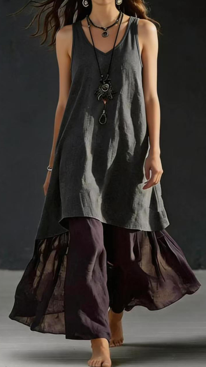 Women's Cotton‑blend Light‑blue V‑neck Sleeveless Color‑block Spliced Loose Maxi Dress