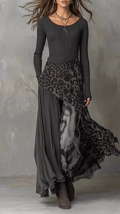 Women's Cotton‑blend Dark‑gray Leopard‑print Spliced U‑neck Long‑sleeve Irregular Flared Maxi Dress