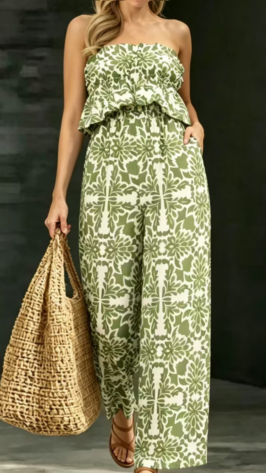Women's Cotton‑blend Navy‑blue Floral‑print Strapless Ruffled Wide‑leg Jumpsuit