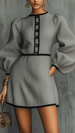 Women's Cotton‑blend Gray Black‑trimmed Puff‑sleeve Button‑decorated Mini Dress