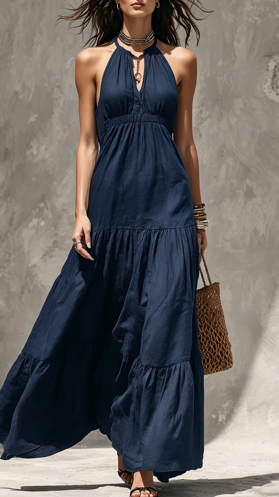 Women's Khaki Halter Waisted Tiered Maxi Dress