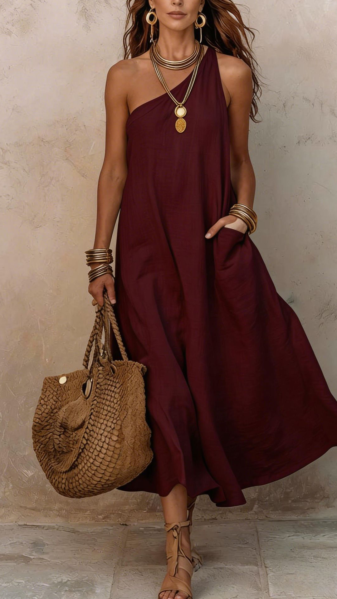 Women's Cotton-Blend One-Shoulder Sleeveless Maxi Dress