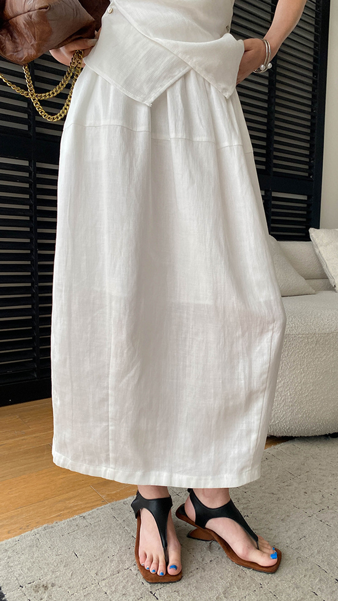 Women's Linen Sleeveless Shirt with Side Slits and Elastic-Waist Skirt Set