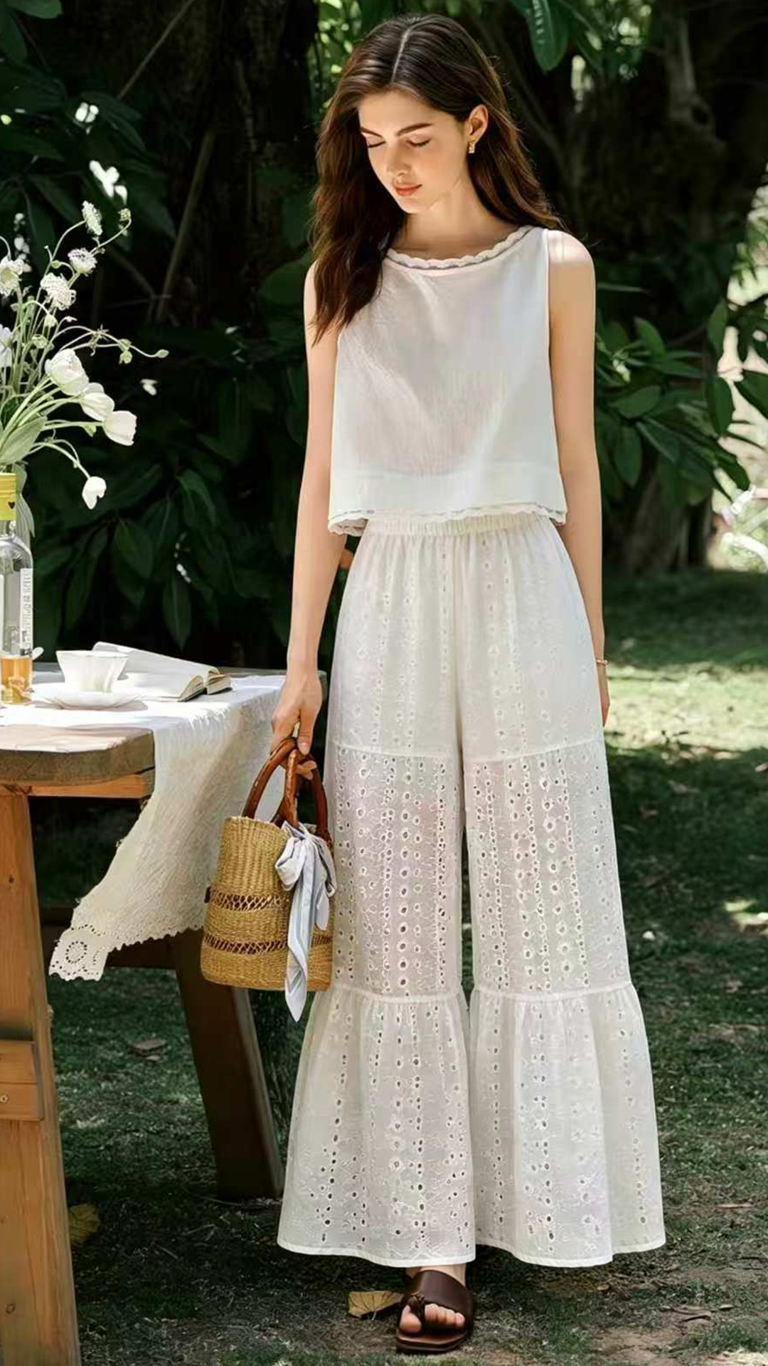 Summer New Heavy Lace Embroidered High-Waist Straight-Leg Wide-Leg Pants for Women