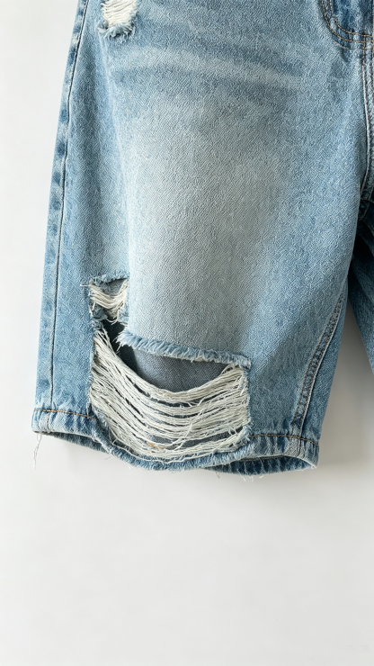 Women Light Wash Distressed Straight Leg Denim Bermuda Shorts