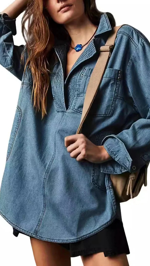 Women's Stylish V-Neck Denim Top