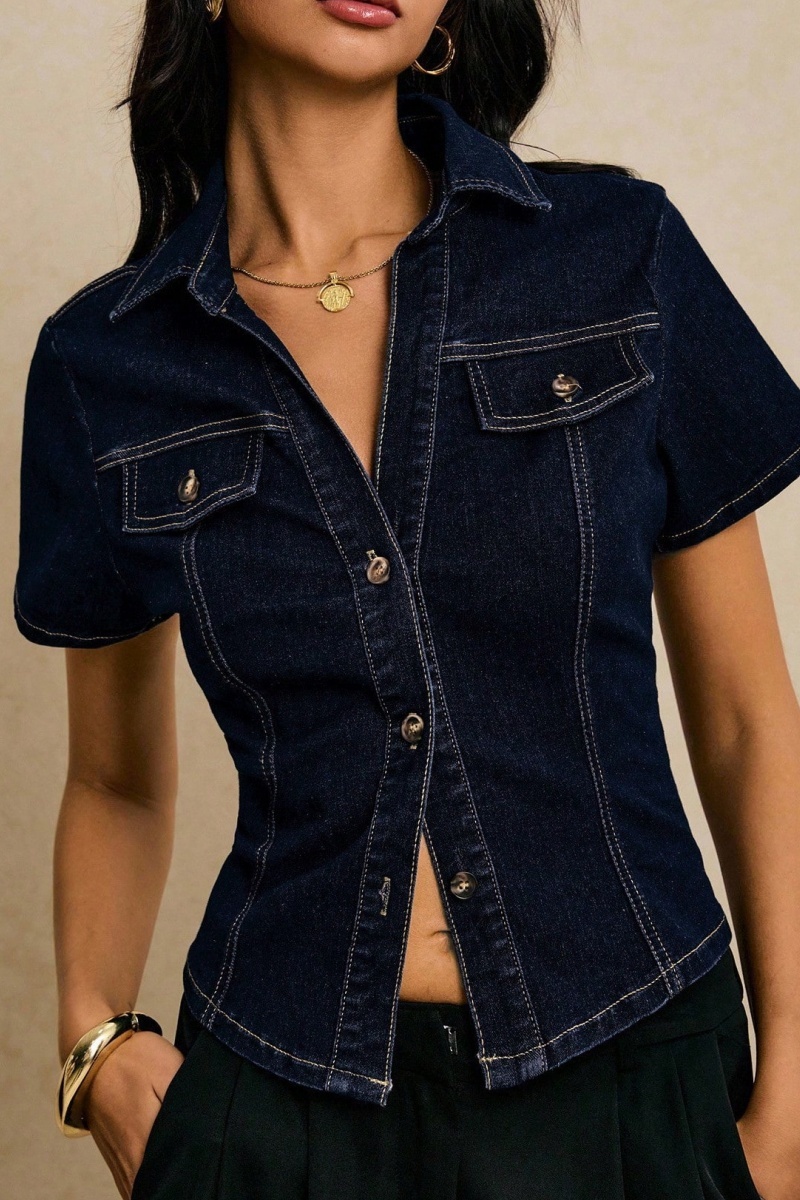 Women's Streetwear-Style Workwear-Inspired Slim-Fit Faux-Denim Collared Shirt