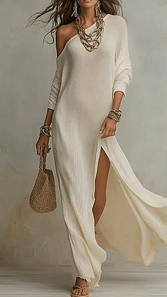 Women's Elegant Long-Sleeve Knitted Dress with Pleats and Slit