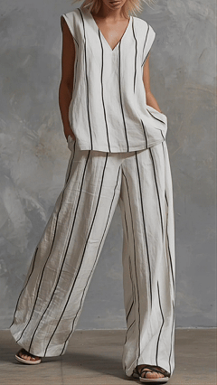 Women's Vertical-Stripe Loose-Fit Slimming Cotton-Linen Two-Piece Set
