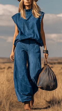 Women's Western-Style Sleeveless Suede Set — Wide-Leg with Tapered Hem
