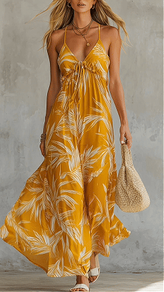 Women's Printed Yellow Sleeveless V-Neck Maxi Dress