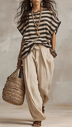 Women's Fashion Casual Striped Print Crew Neck Loose-Fit Short-Sleeve Loungewear Set
