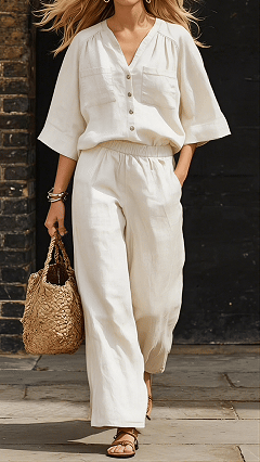 Women's Simple Linen Two-Piece Set: Button-Up Top and Wide-Leg Pants