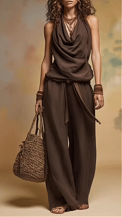 Women's Laid-back & Chic Vintage Solid-Color Top and Wide-Leg Pants Set