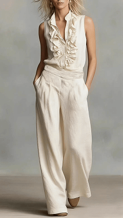 Women's Simple Linen-Blend Sleeveless Shirt and Wide-Leg Pants Set