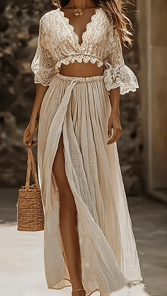 Women's Elegant Beach Set: Lace-Paneled Skirt and Top