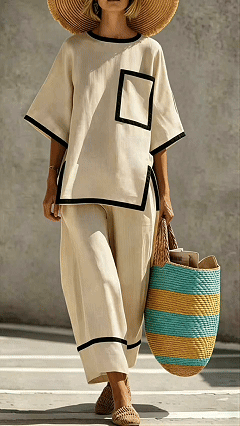 Women's Casual & Commuter Two-Piece Set: Comfortable, Loose-Fit Cotton-Linen Outfit with Round Neckline