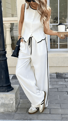 Women's Elegant Sleeveless Top and Trousers Set with Contrast Piping