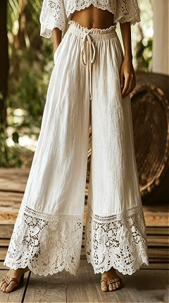 Women's Faux Cotton-Linen Solid-Color Lace-Trimmed Trousers