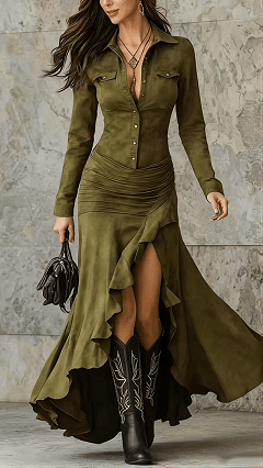 Women's Slim-Fit Long Dress with Zipper, Stand Collar, and Side Slit