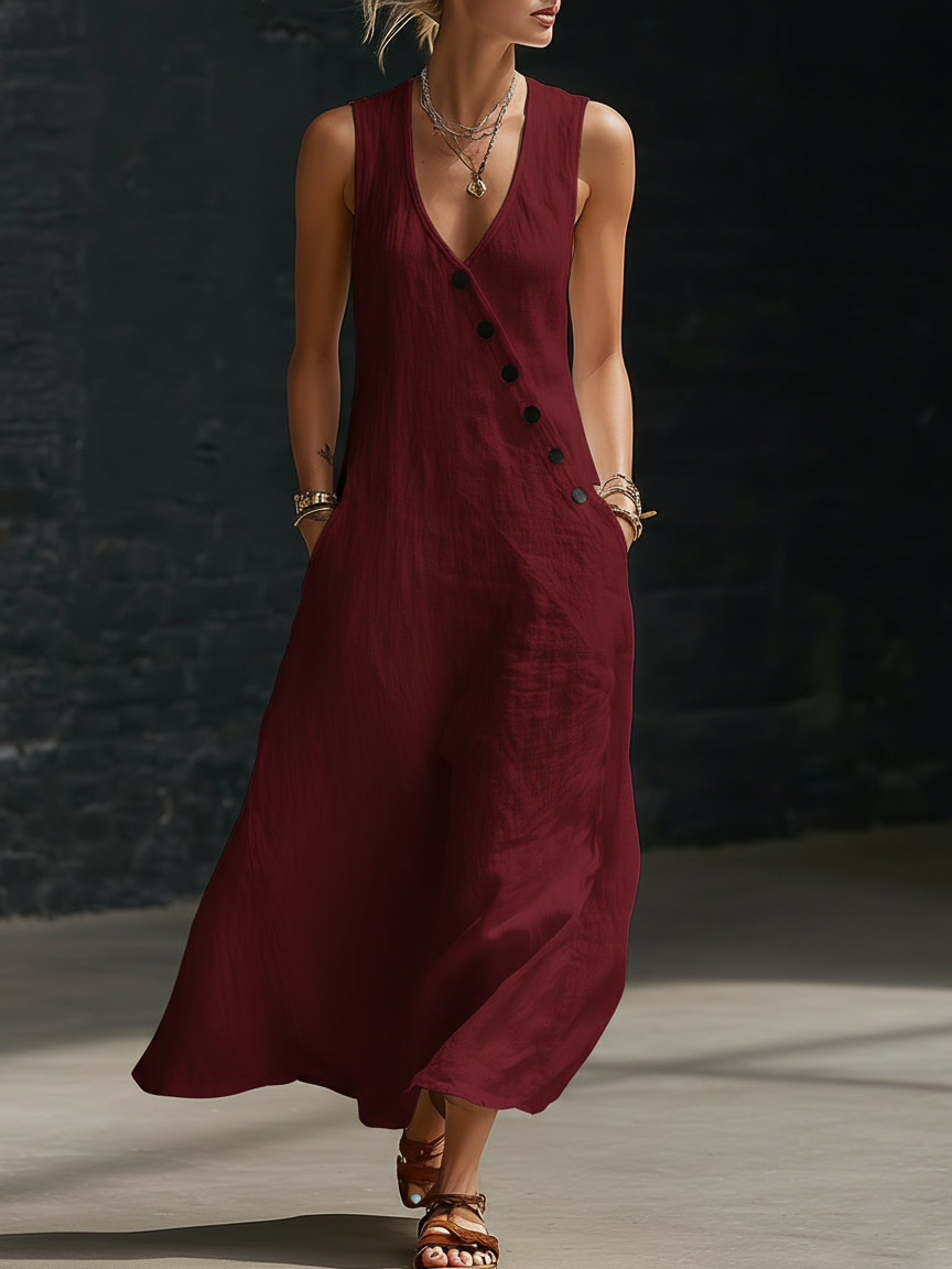 "Effortless Chic" Style V-Neck Button-Front Cotton-Linen Maxi Dress — Sleeveless Tank Dress