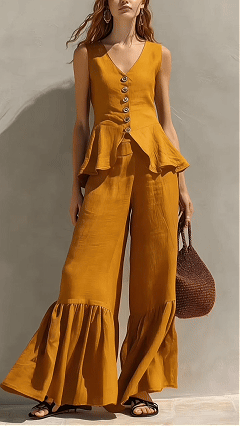 Women's V-Neck Button-Front Top & Linen Ruffled Wide-Leg Pants