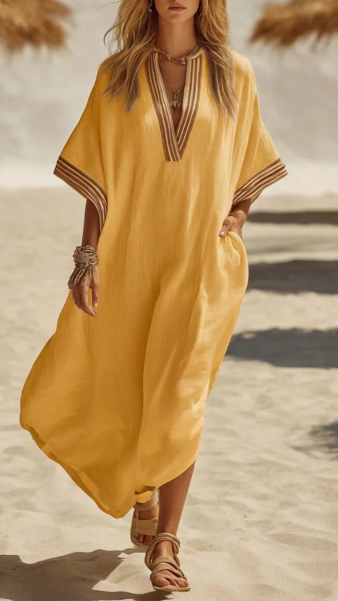 Women's Striped Trim Cotton-Blend Kaftan Dress
