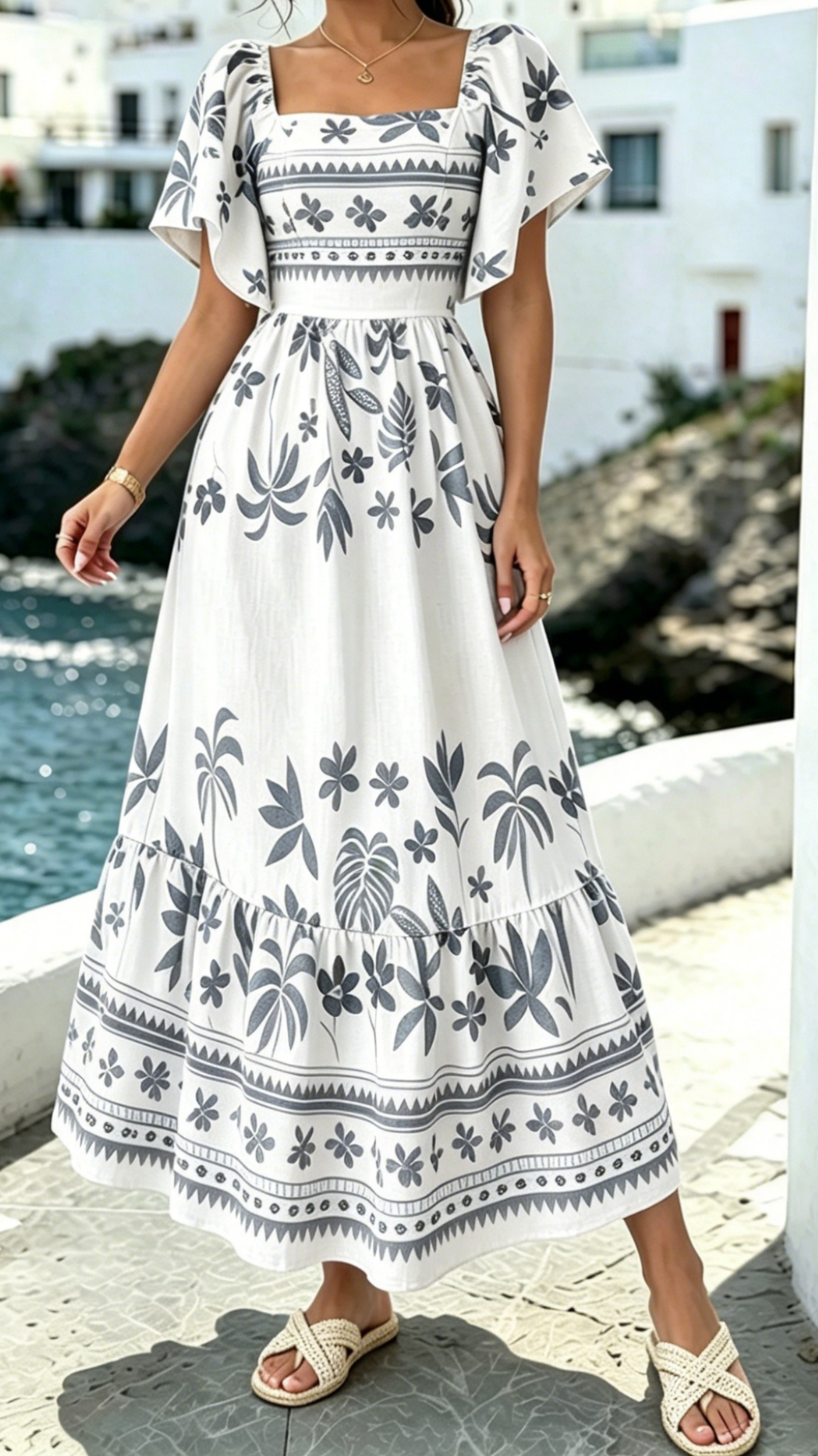 Women's Printed Dress with Square Neckline and Flutter Sleeves