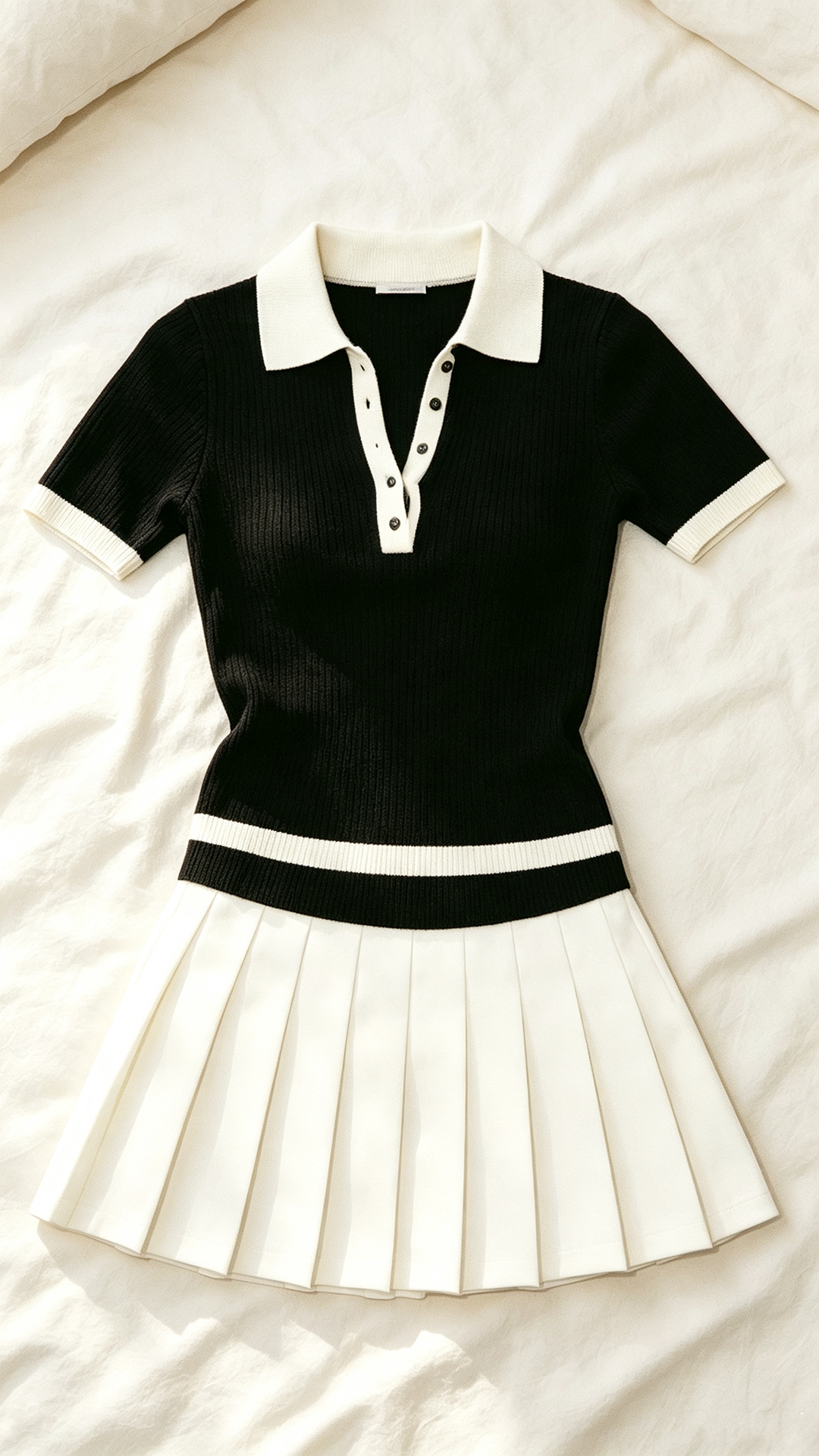 Women Tennis Two Piece Set Contrast Polo Top Pleated Skirt Outfit