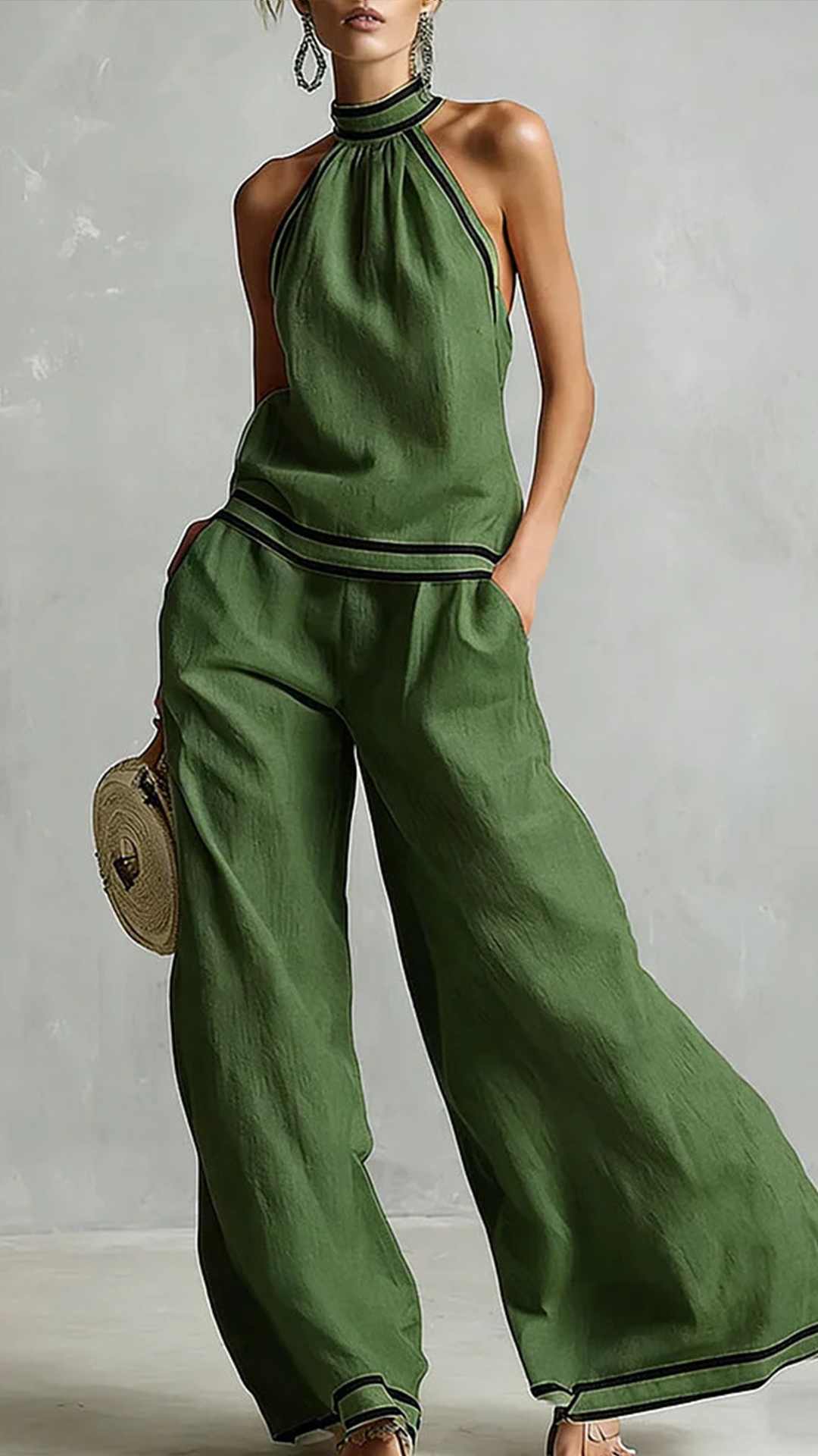 Women's Cotton-Blend Light Blue Halter Contrast Trim Wide-Leg Pants Set