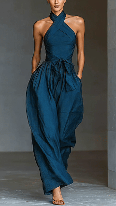 Women's Cotton‑blend Peacock Blue Crisscross Halter Waist‑cinched Wide‑Leg Jumpsuit