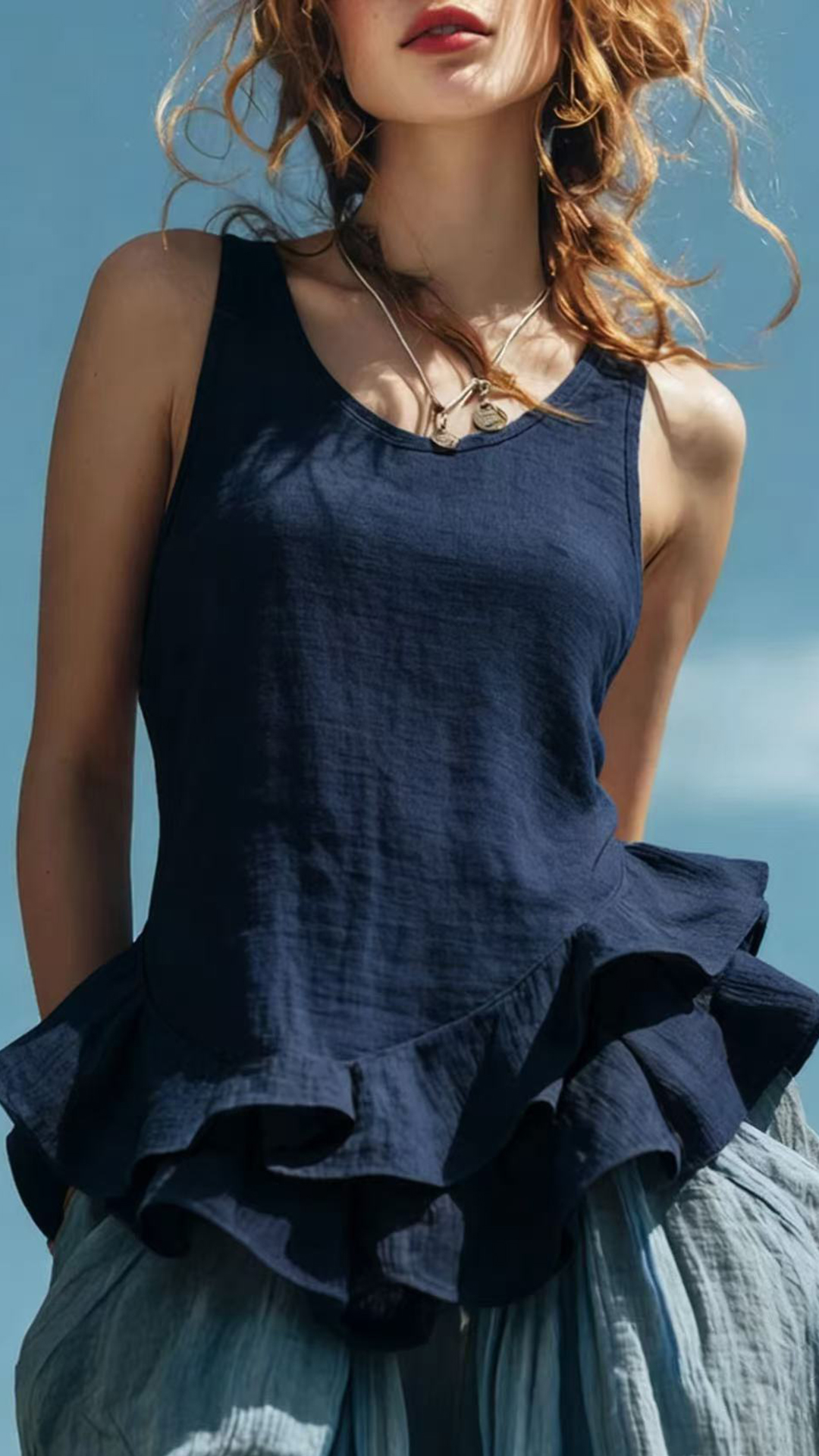Women's Cotton‑blend U‑neck Sleeveless Ruffle Waist‑cinched Top