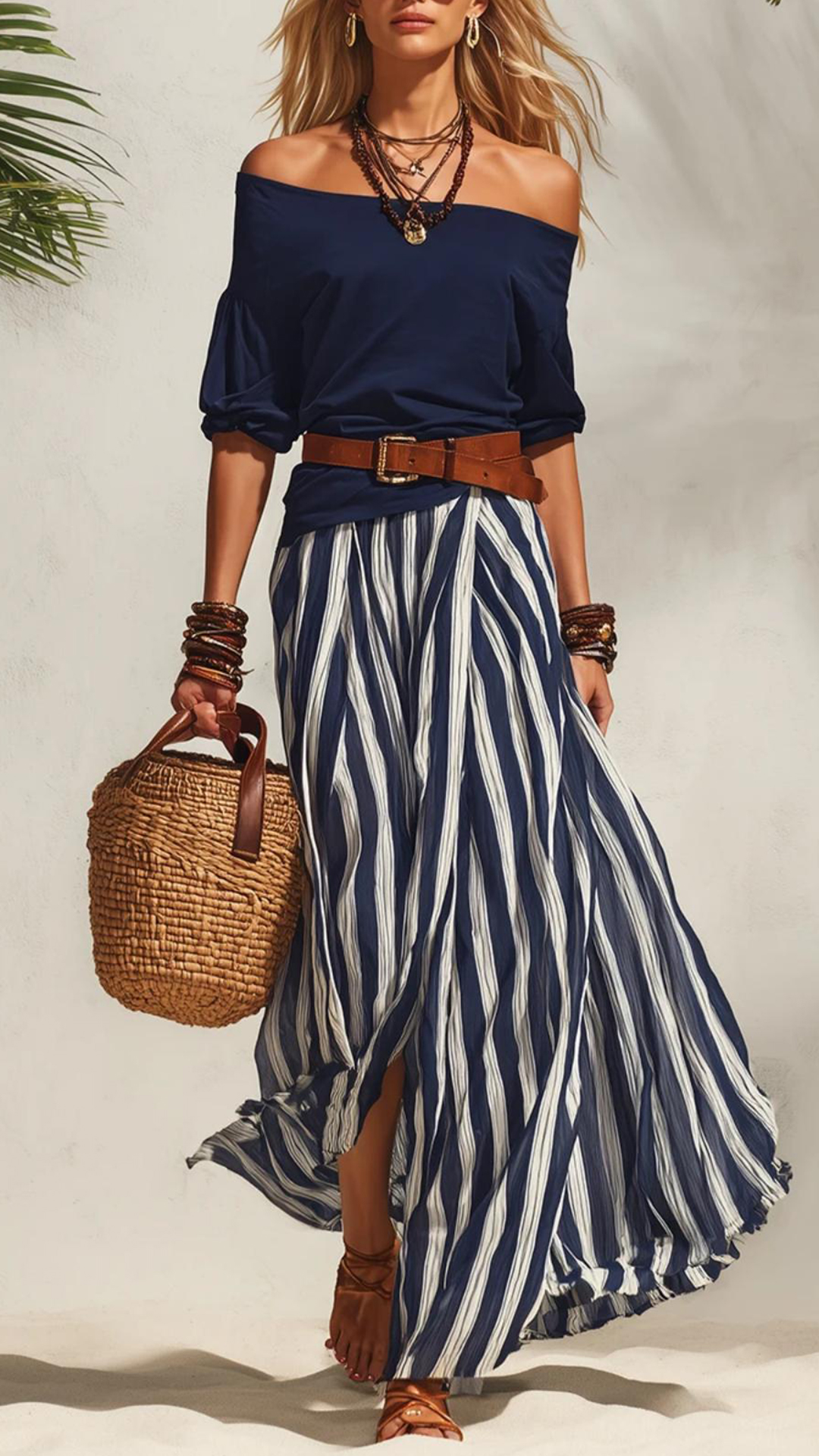 Women's Cotton‑blend Off‑the‑shoulder Mid‑sleeve Top & Blue‑white Striped Slit Maxi Skirt Set