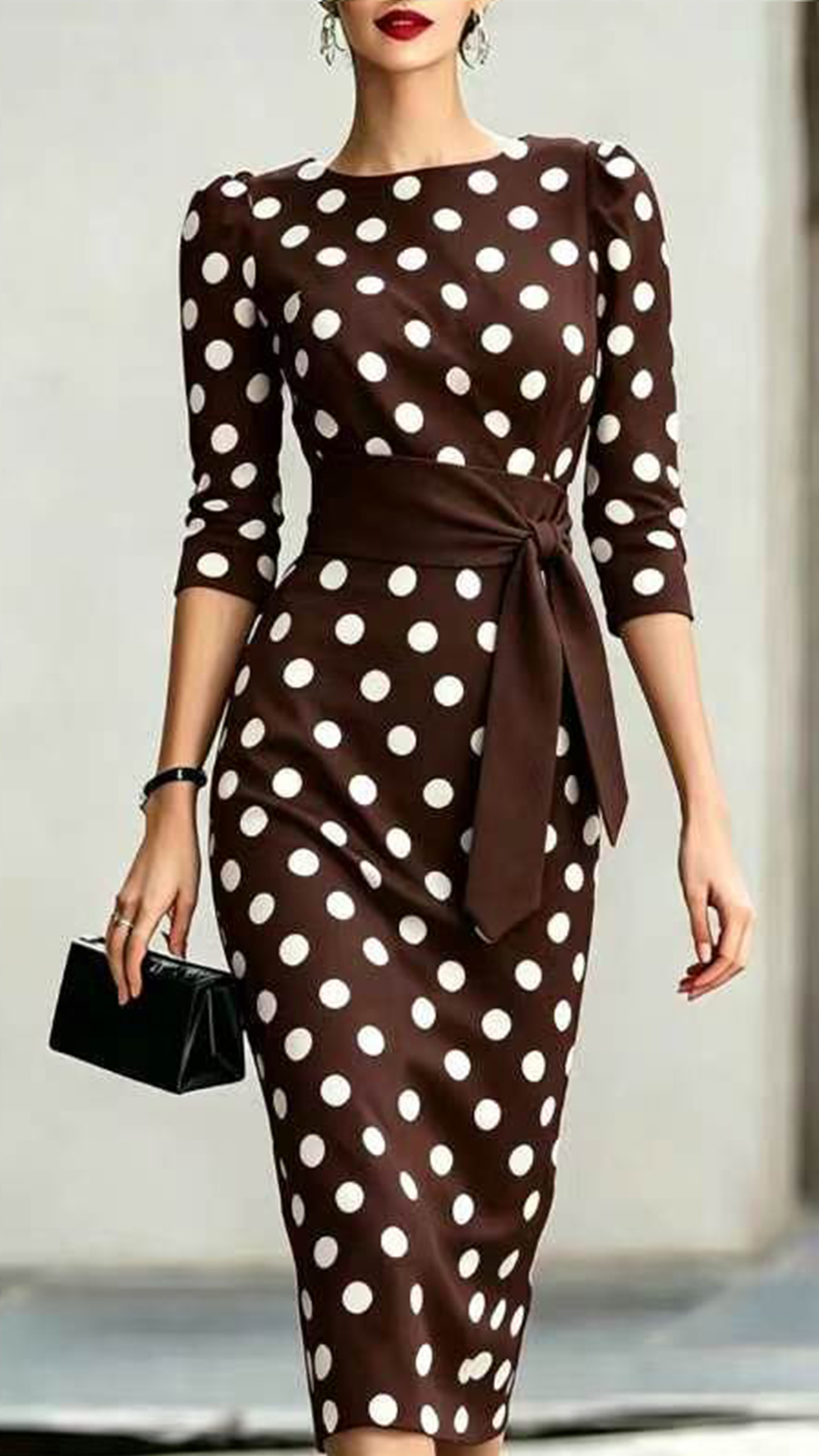 Women's Cotton‑blend Black‑white Polka‑dot Boat‑neck Mid‑sleeve Tie‑waist Bodycon Midi Dress