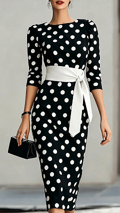 Women's Cotton‑blend Black‑white Polka‑dot Boat‑neck Mid‑sleeve Tie‑waist Bodycon Midi Dress